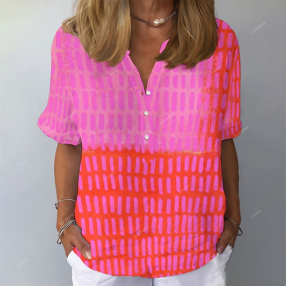 Women's Pink Geometric Printed Stand Collar Short Sleeve Shirt