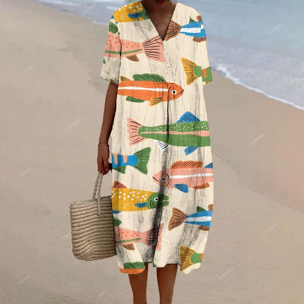 Women's Colorful Cartoon Fish Printed Flowy Dress