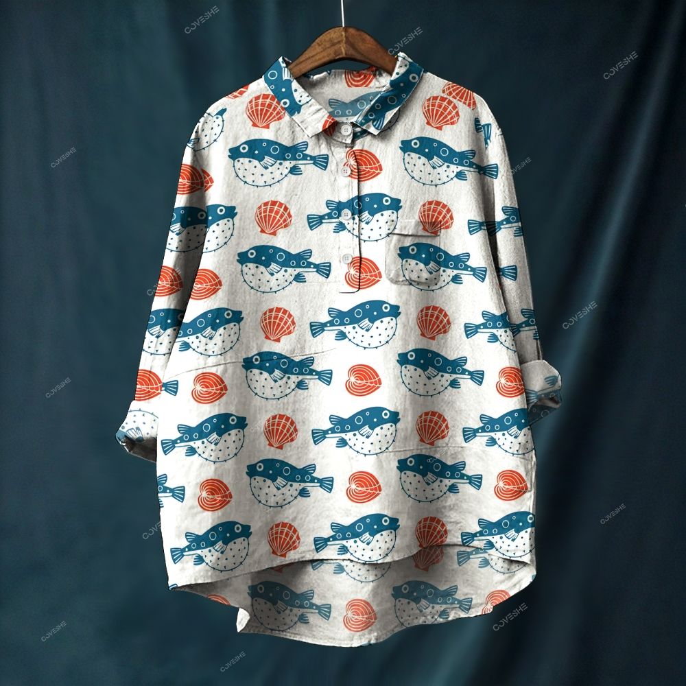 Women's Cartoon Puffer Fish Printed Casual Long Sleeve Shirt