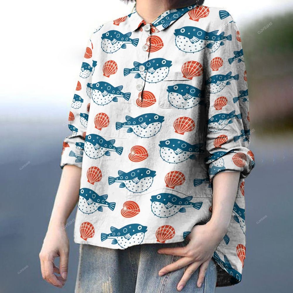 Women's Cartoon Puffer Fish Printed Casual Long Sleeve Shirt