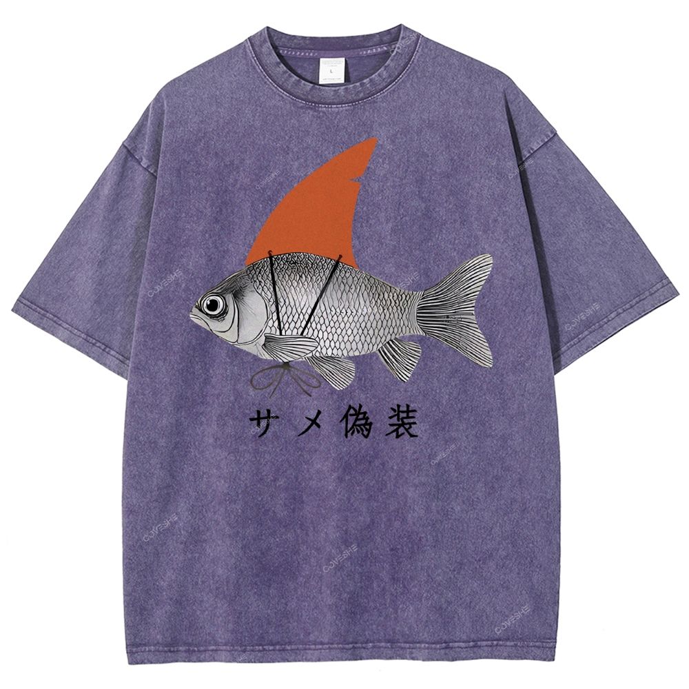 Unisex Fish Disguise Printed Washed Tee