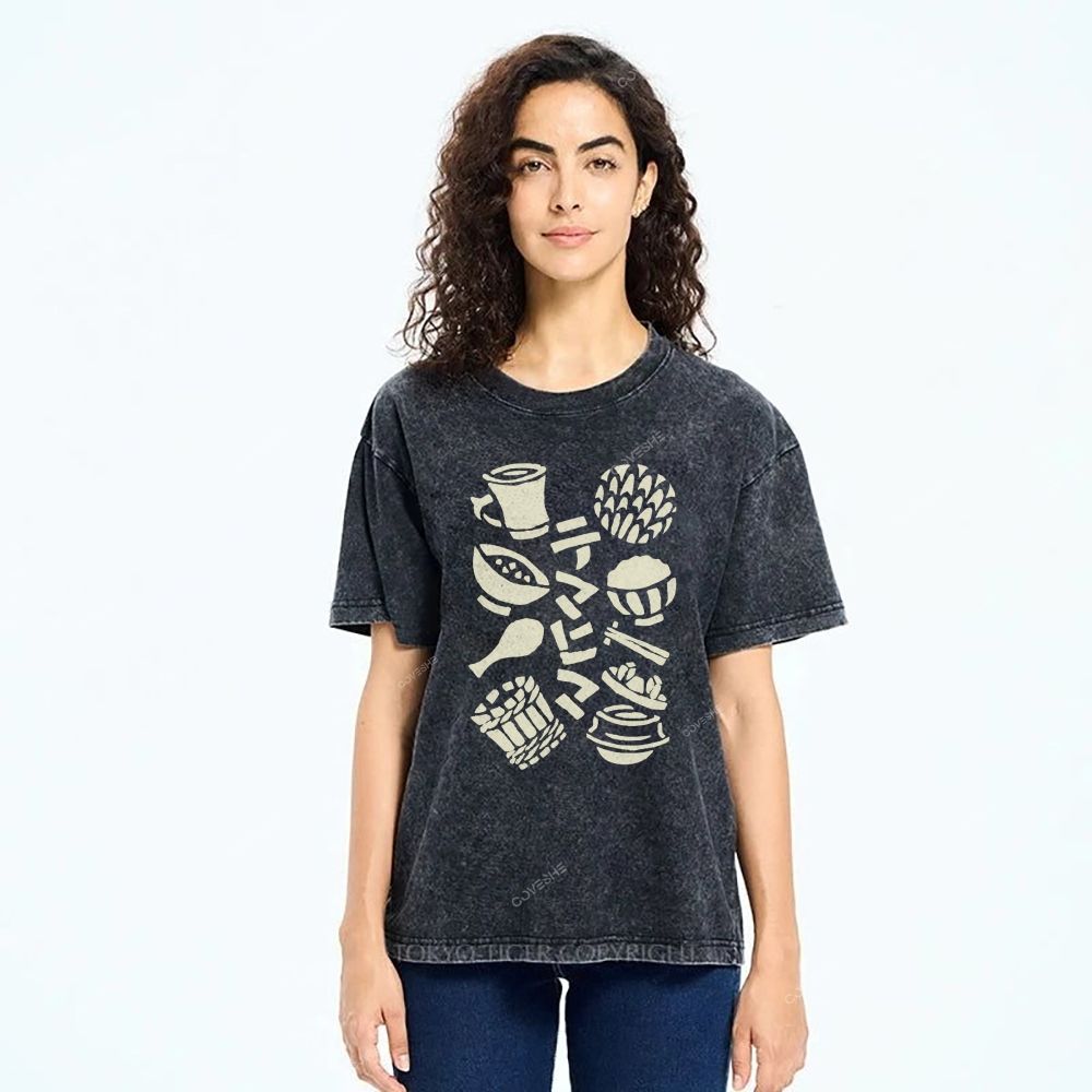 Unisex Vintage Japanese Food Printed Washed Tee