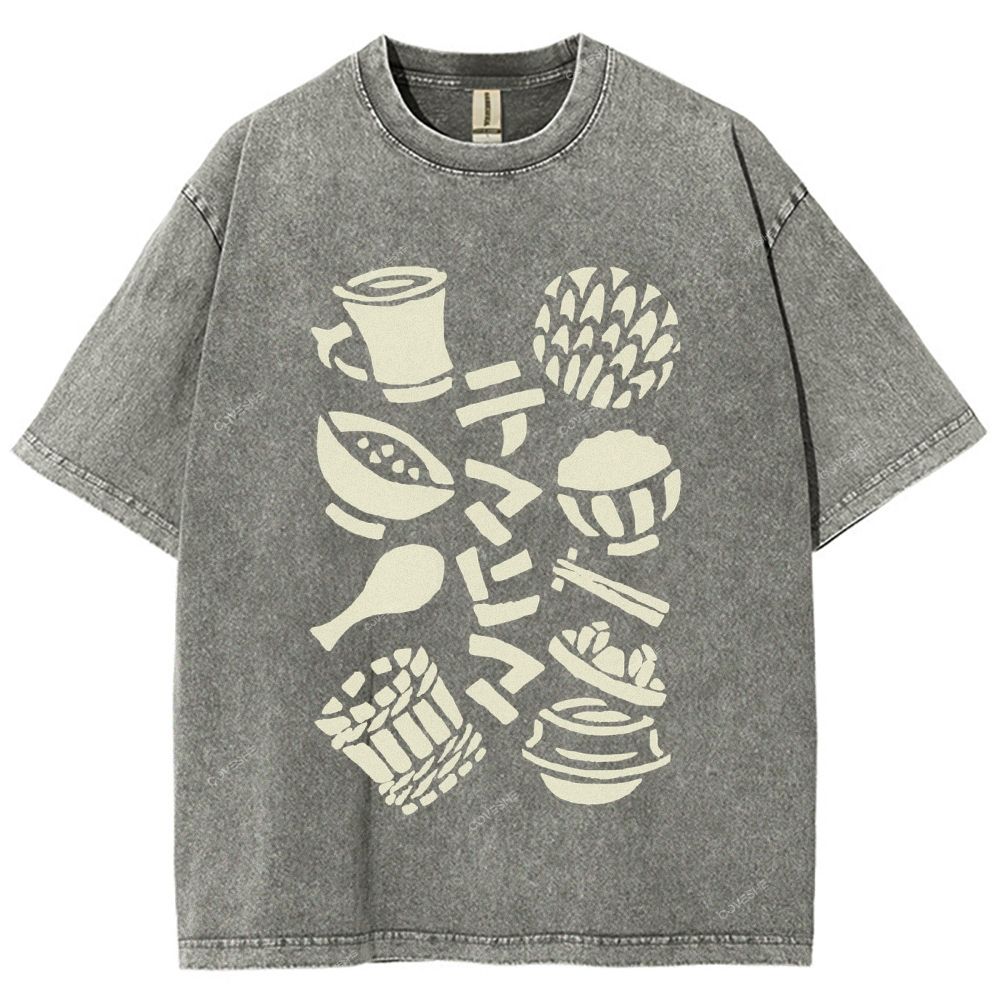 Unisex Vintage Japanese Food Printed Washed Tee