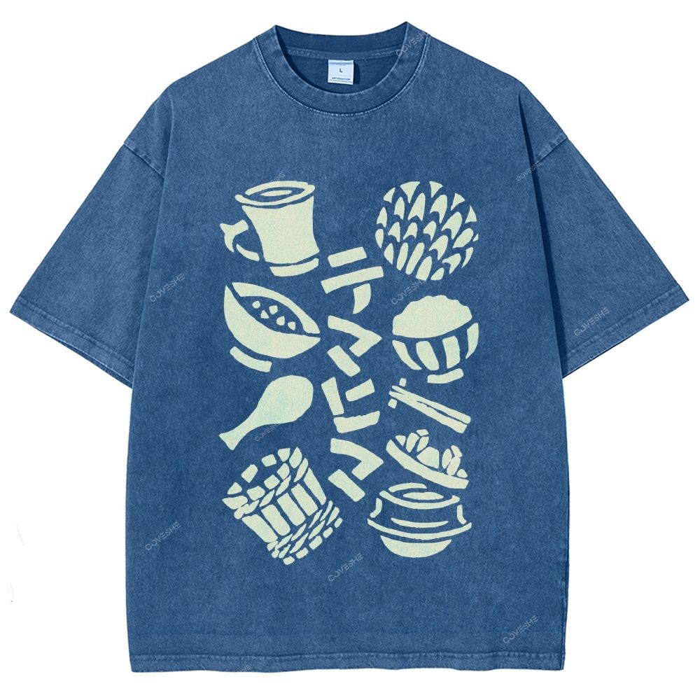 Unisex Vintage Japanese Food Printed Washed Tee