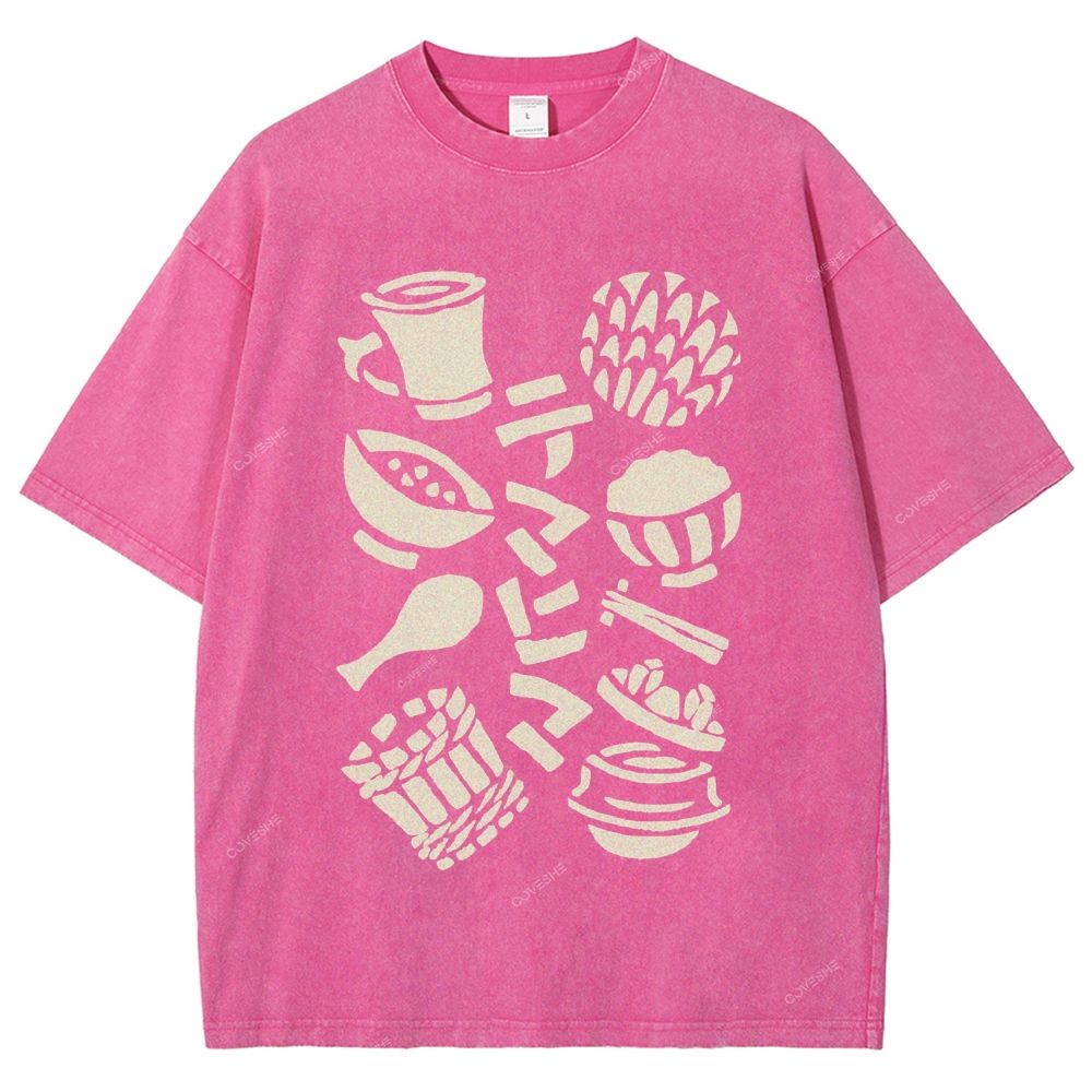 Unisex Vintage Japanese Food Printed Washed Tee
