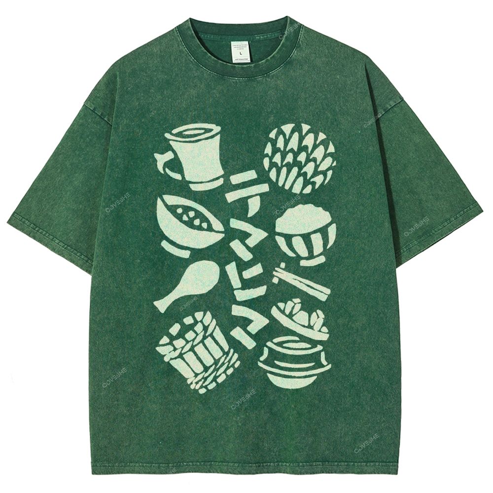 Unisex Vintage Japanese Food Printed Washed Tee