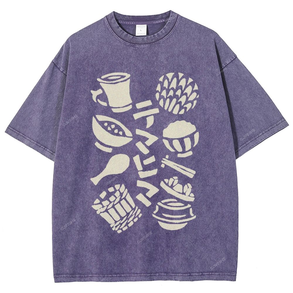 Unisex Vintage Japanese Food Printed Washed Tee