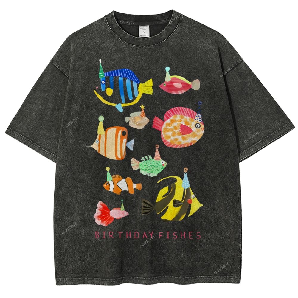 Unisex Birthday Fish Printed Washed Tee