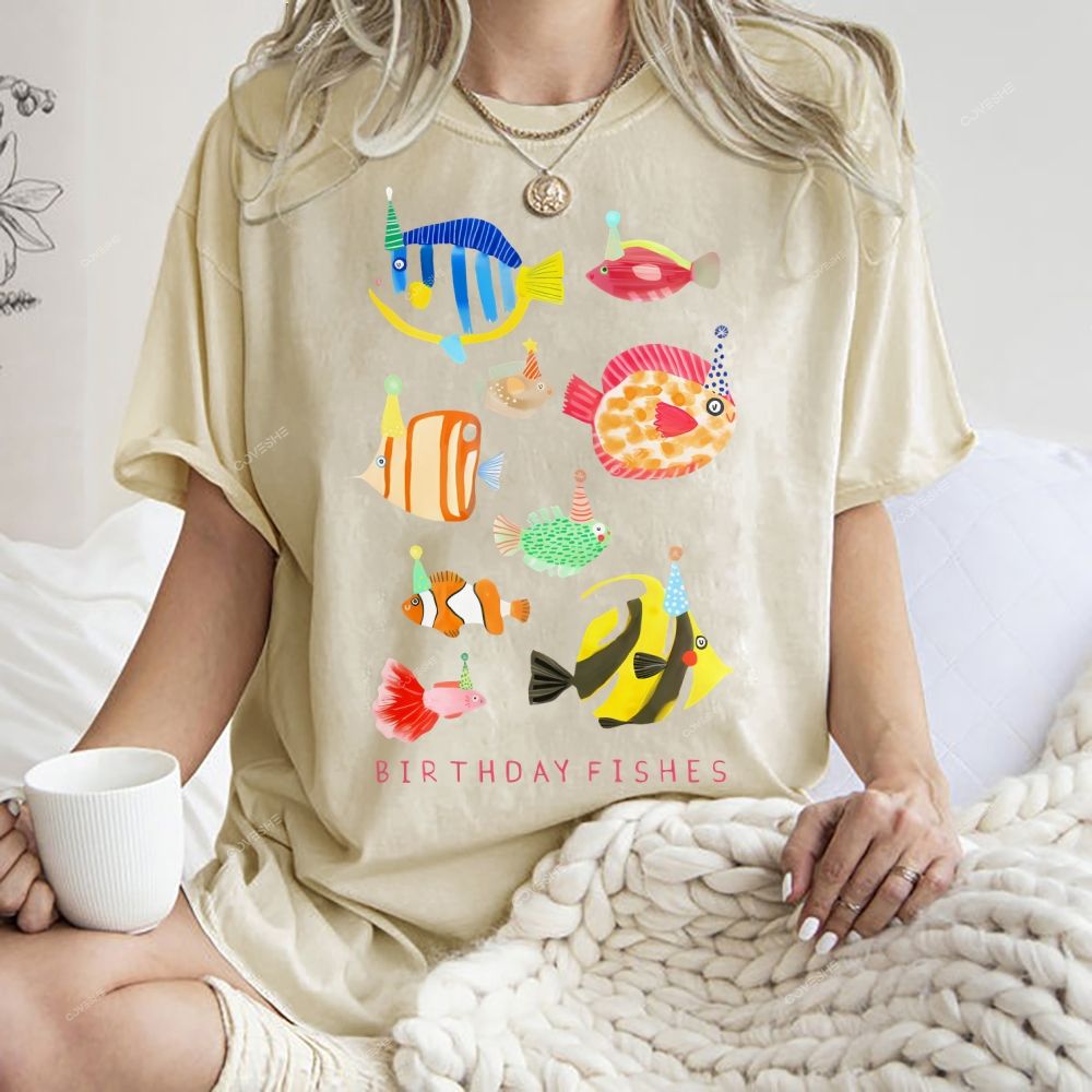 Unisex Birthday Fish Printed Washed Tee