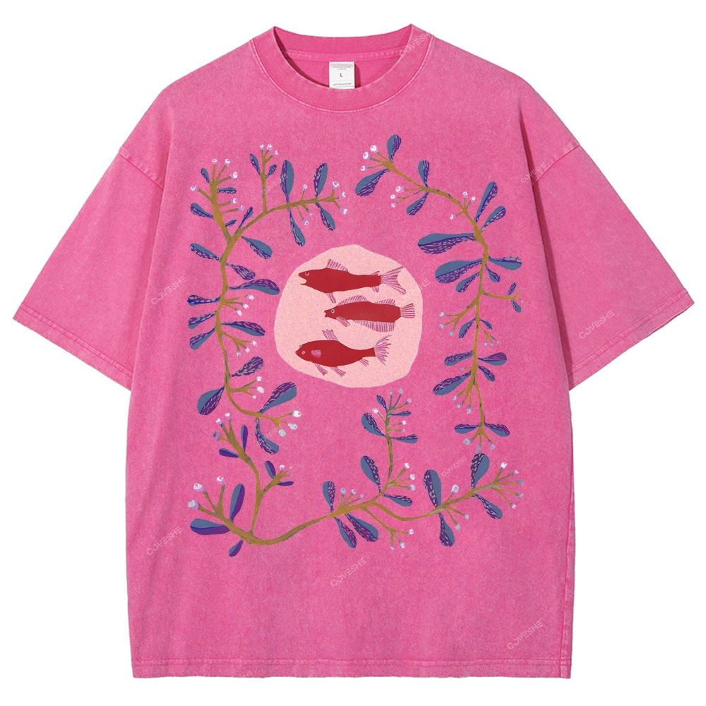 Unisex Flower Fish Printed Washed Tee