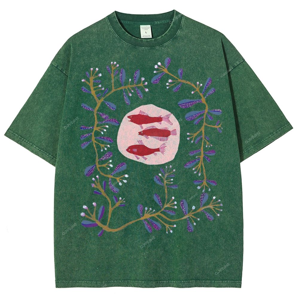 Unisex Flower Fish Printed Washed Tee