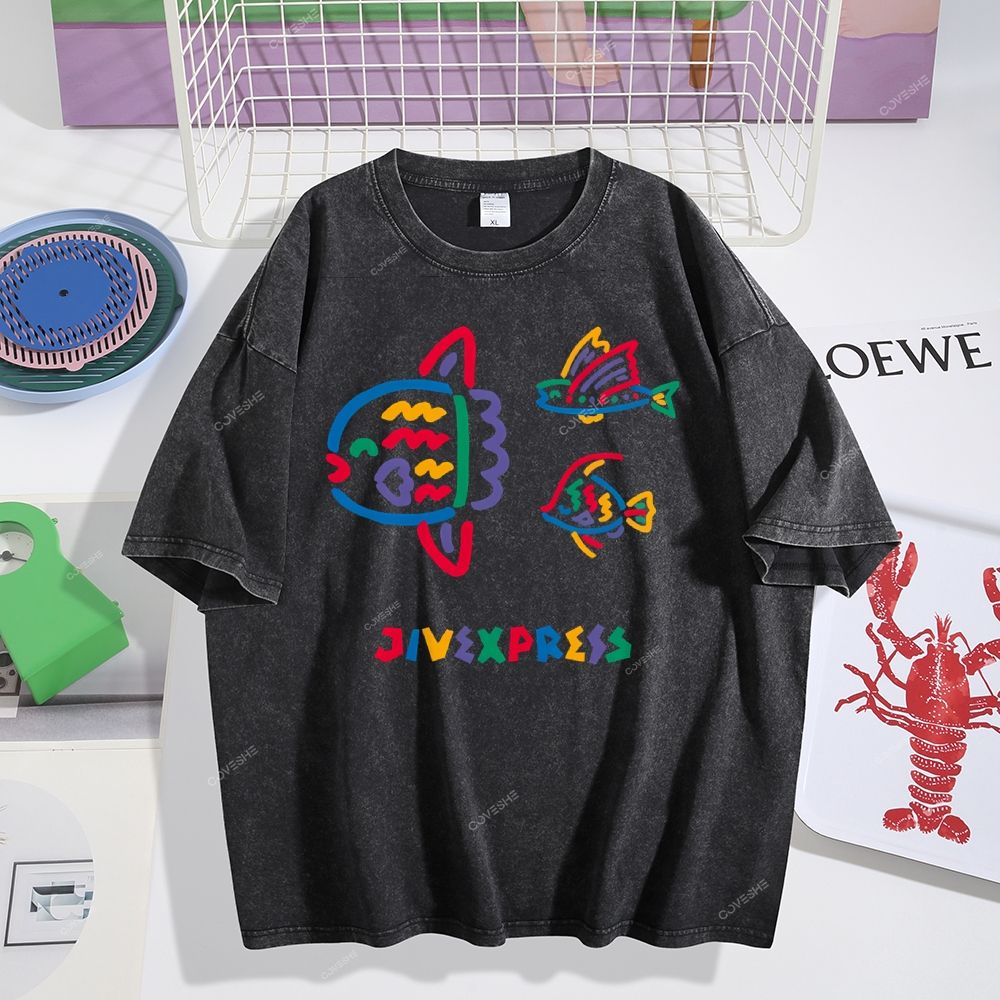 Unisex Color Stick Figure Fish Printed Washed Tee