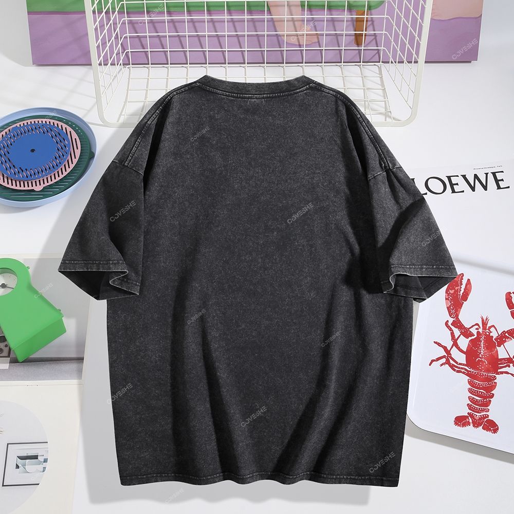 Unisex Color Stick Figure Fish Printed Washed Tee