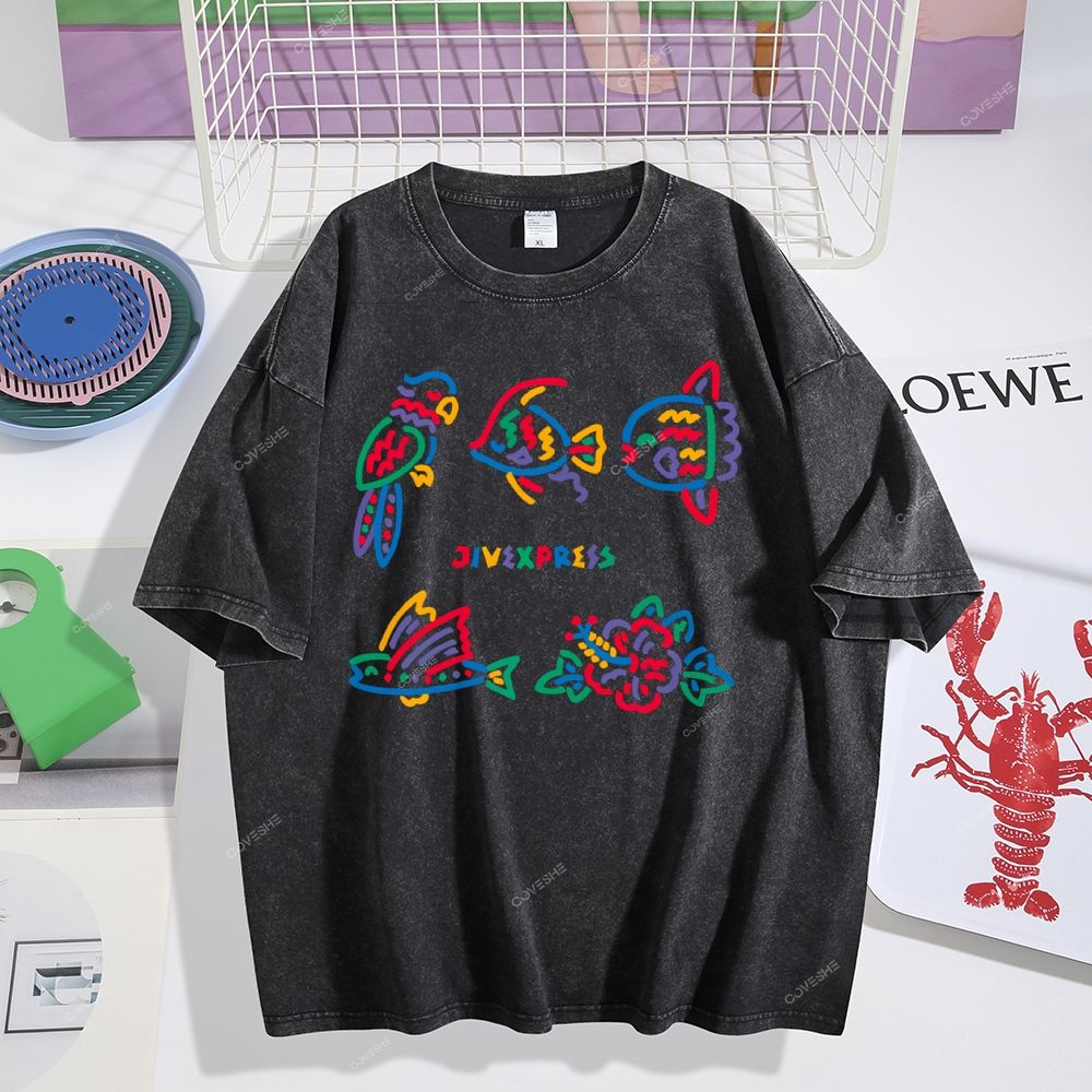 Unisex Color Stick Figure Fish Printed Washed Tee