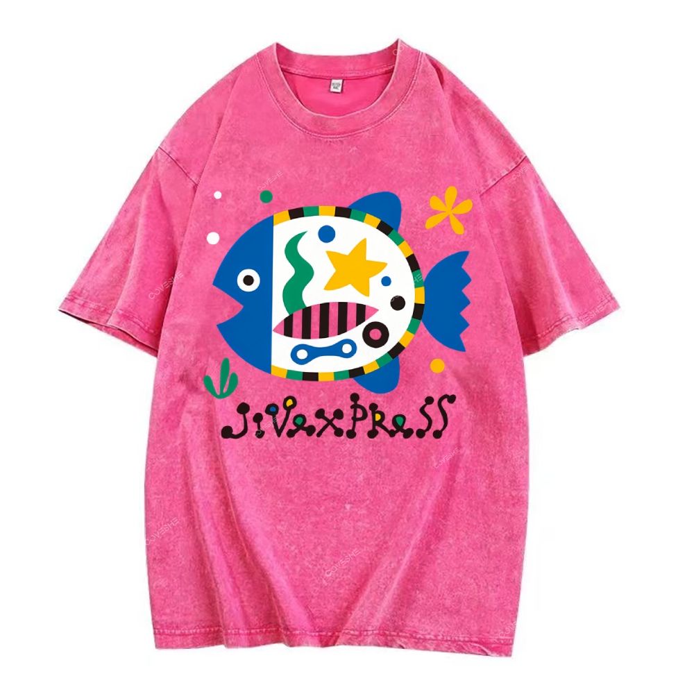 Unisex Colorful Cartoon Fish Printed Washed Tee