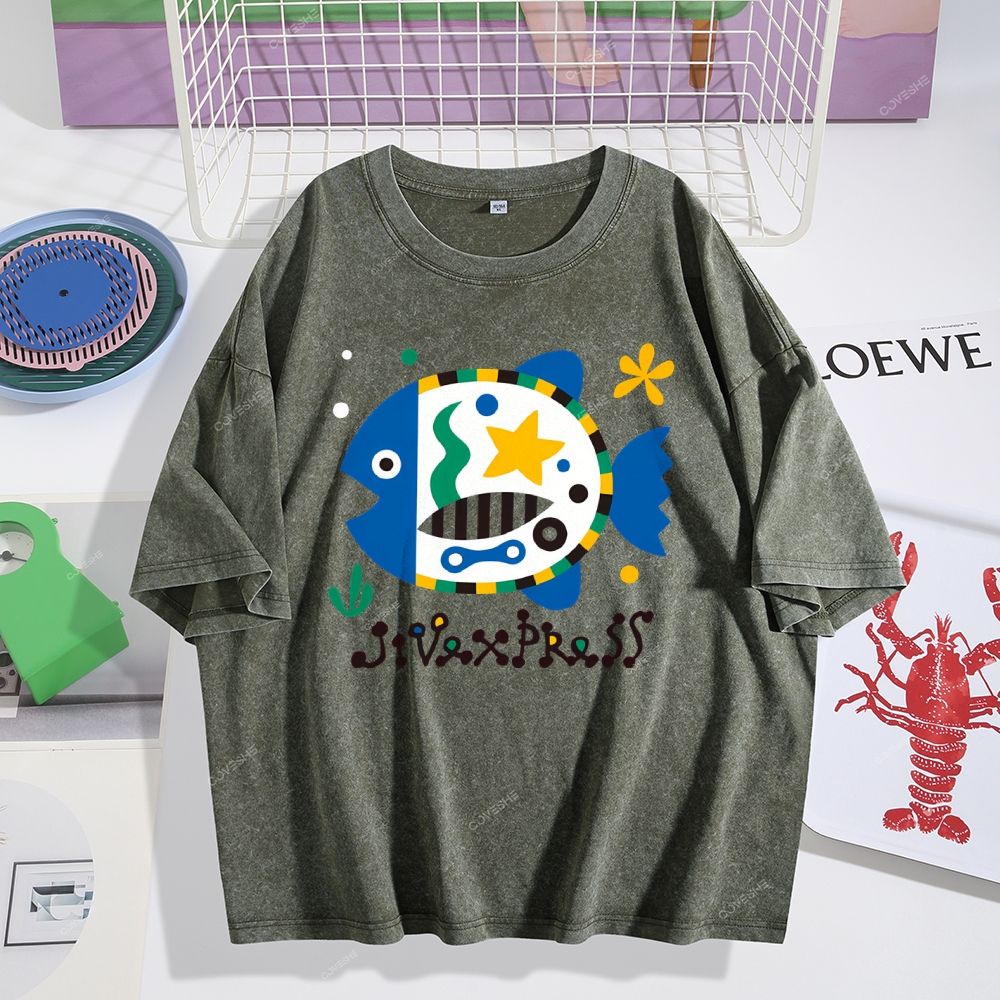 Unisex Colorful Cartoon Fish Printed Washed Tee