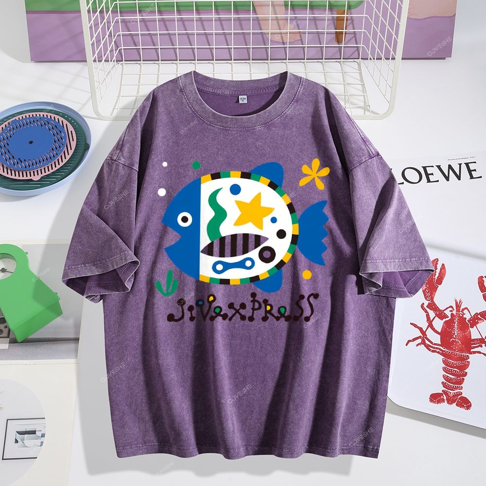 Unisex Colorful Cartoon Fish Printed Washed Tee