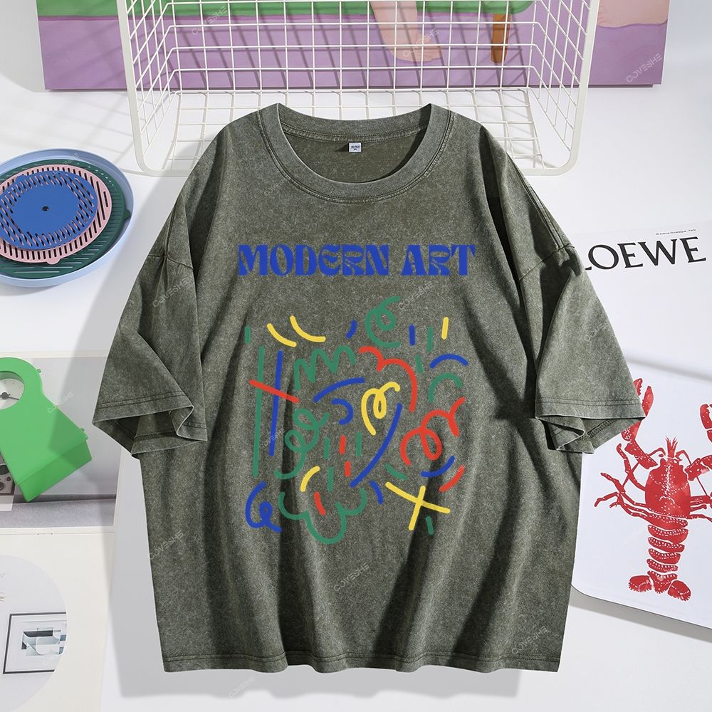 Unisex Blue Modern Art Printed Washed Tee