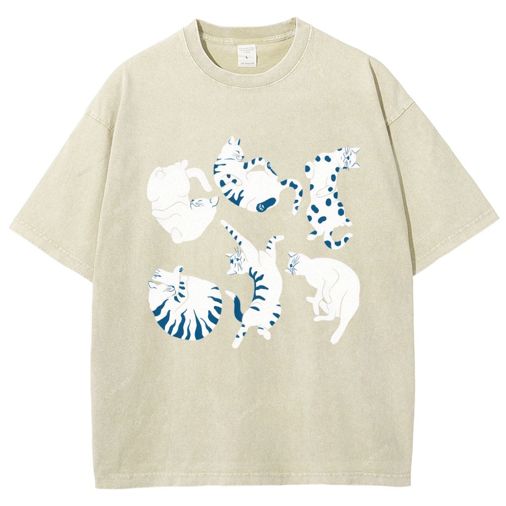 Unisex Cat Printed Washed Tee