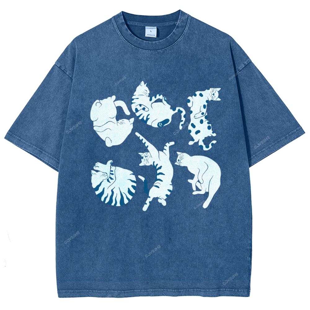 Unisex Cat Printed Washed Tee