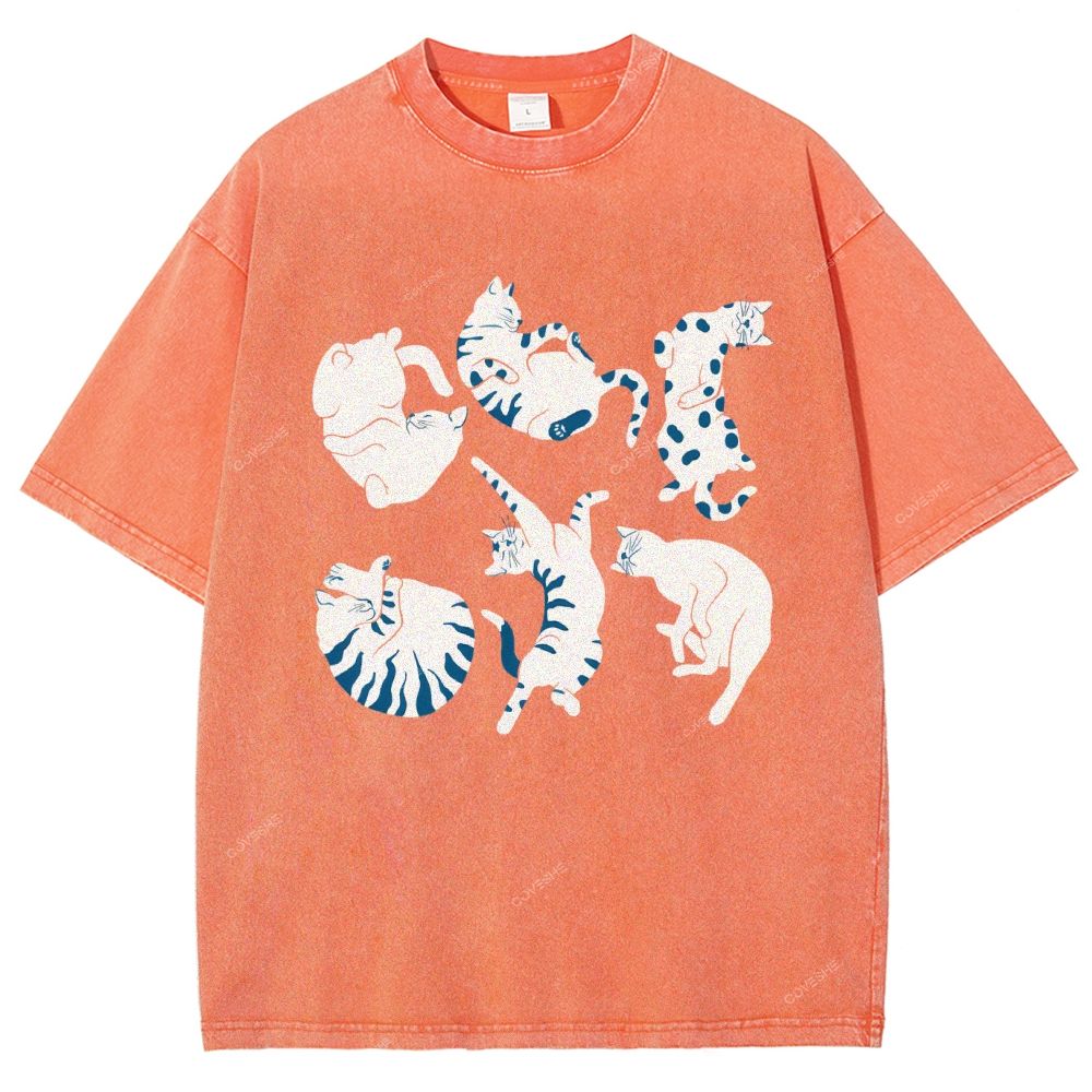Unisex Cat Printed Washed Tee