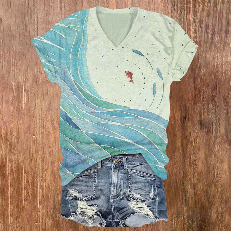Jumping Goldfish Print V-neck T-shirt