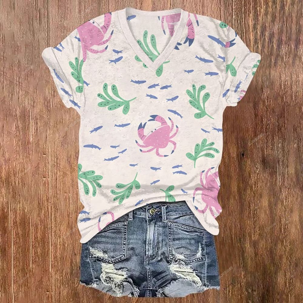 Women's V-neck Cartoon Crab Fish Printed Short Sleeve T-shirt