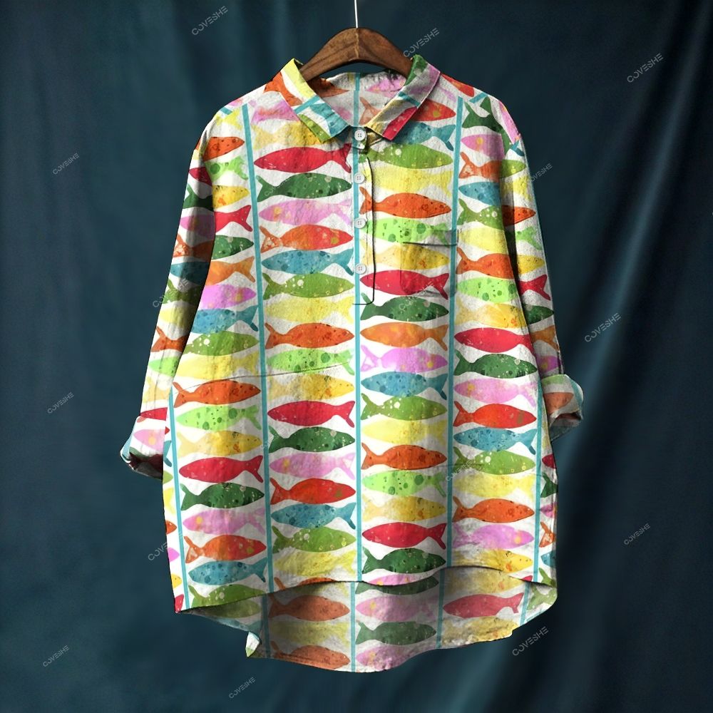 Women's Colorful Cartoon Fish Printed Casual Long Sleeve Shirt