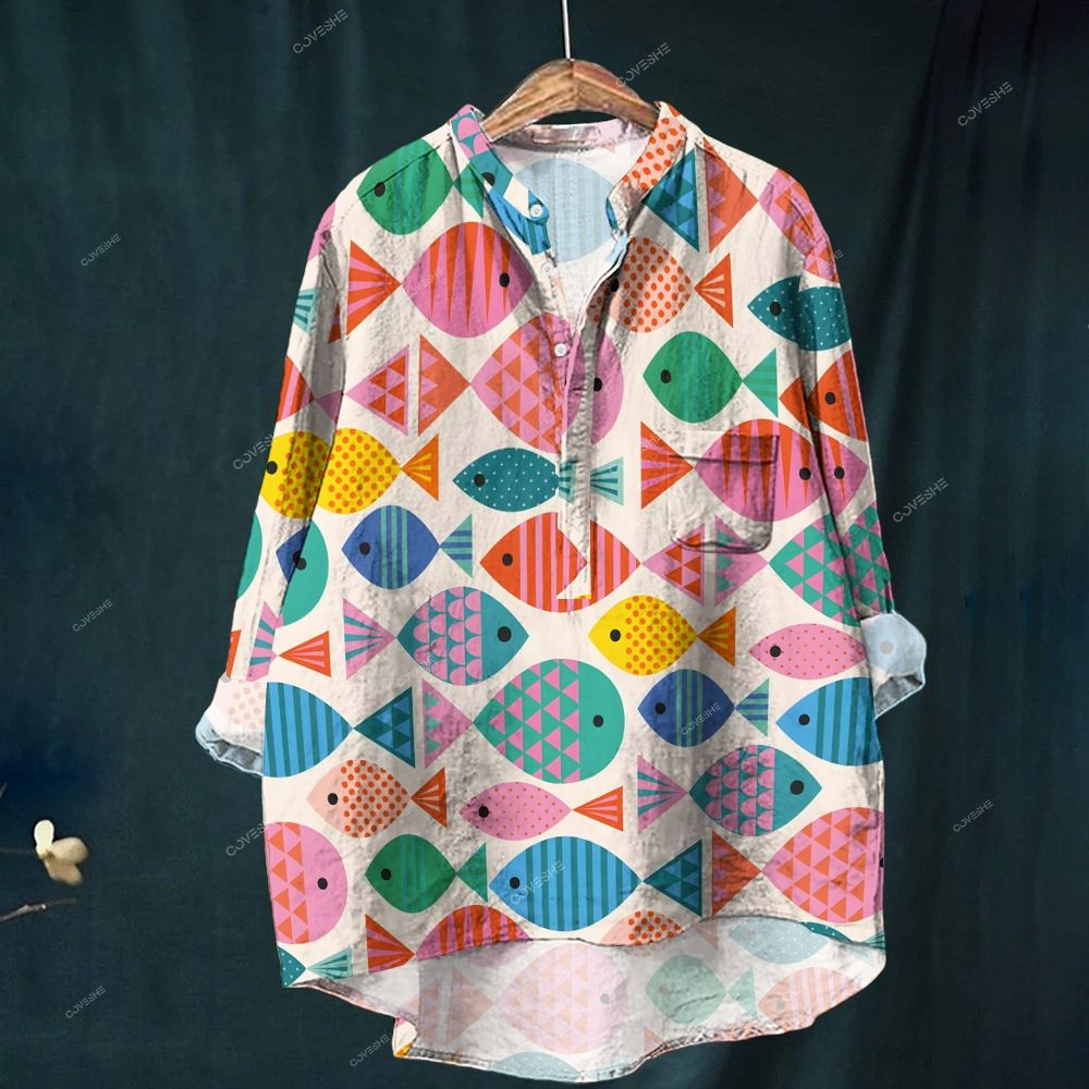 Women's Colorful Cartoon Geometric Fish Printed Stand Collar Casual Shirt