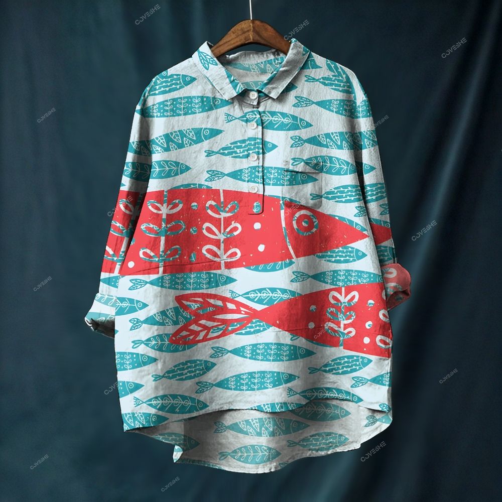 Women's Retro Flower Fish Printed Casual Long Sleeve Shirt