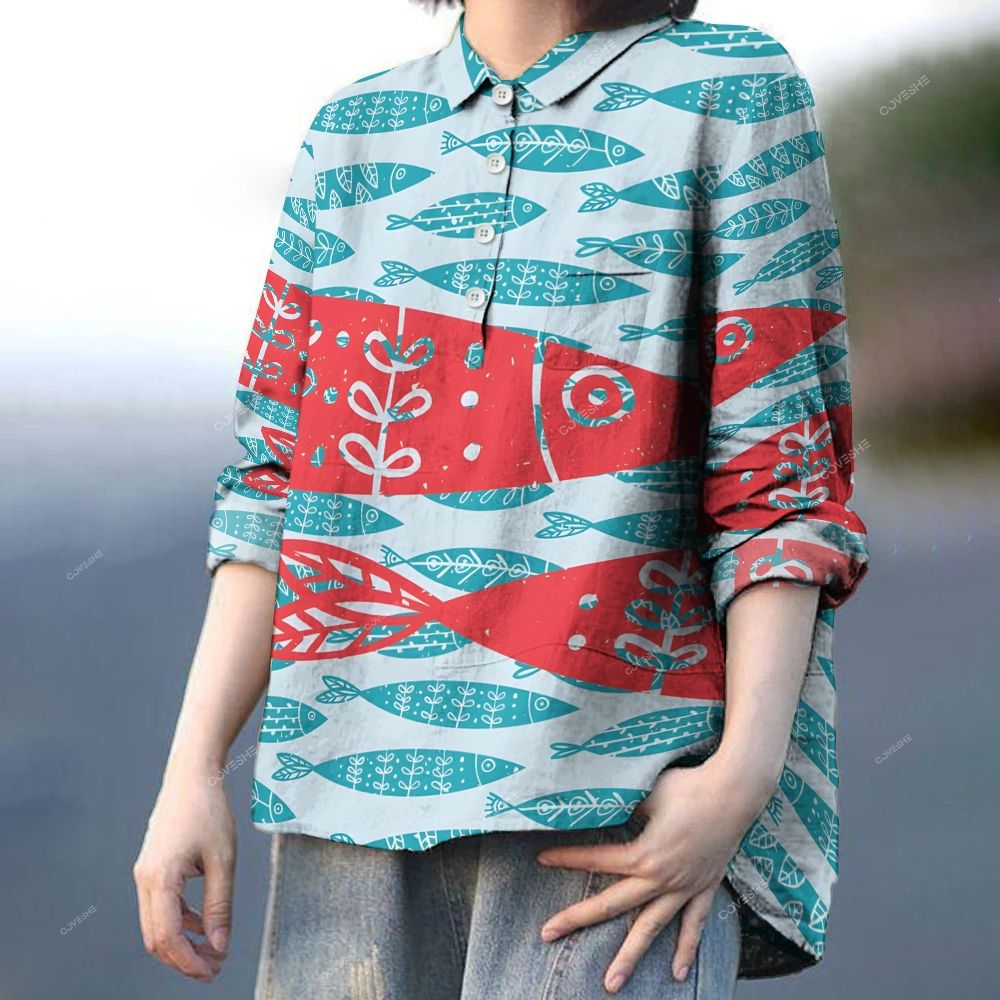 Women's Retro Flower Fish Printed Casual Long Sleeve Shirt