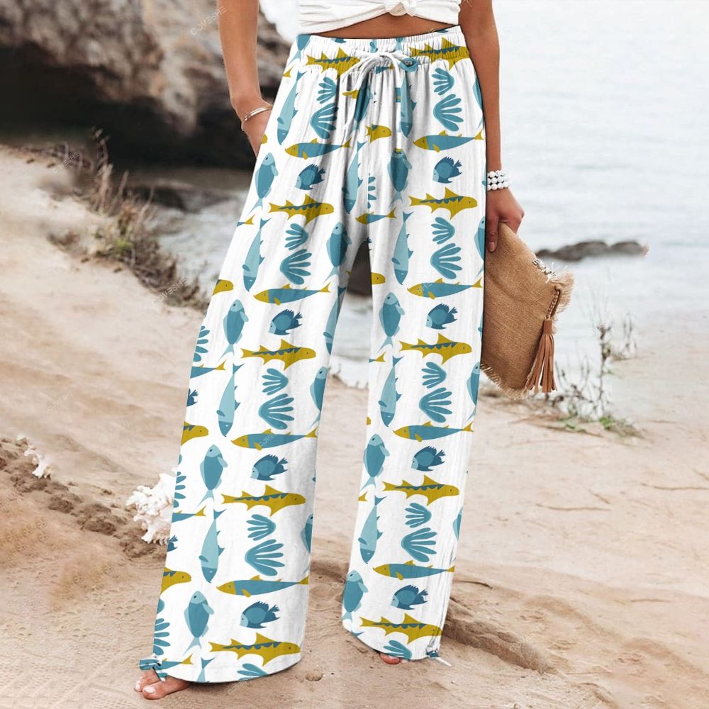 Women's Wide Leg Casual Colorful Geometric Fish Printed Pants