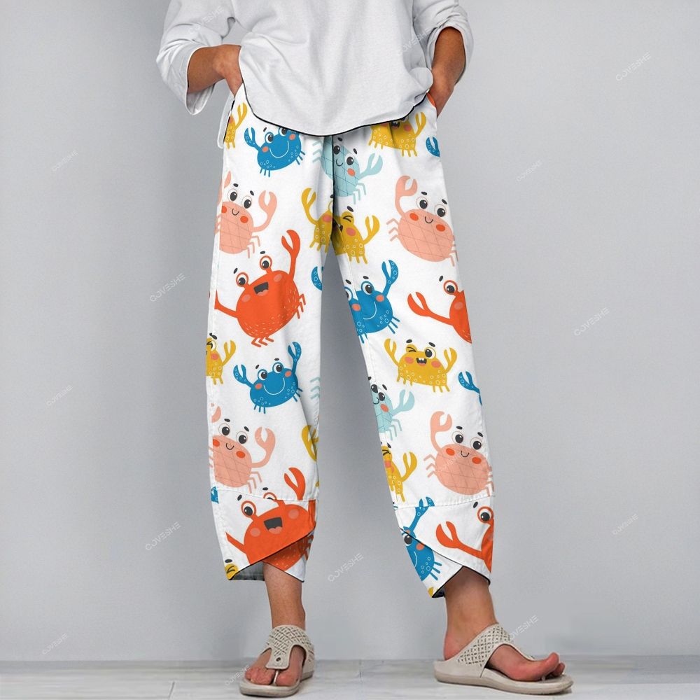 Women's Casual Colorful Cartoon Crabs Printed Pants