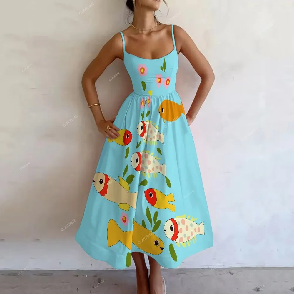 Women's Vintage Abstract Cute Fish and Flowers Art Print Dress