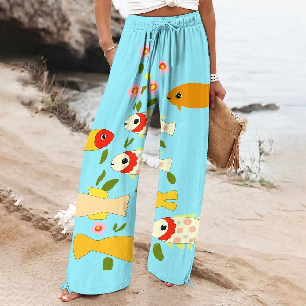 Women's Vintage Abstract Cute Fish and Flowers Art Print Dress