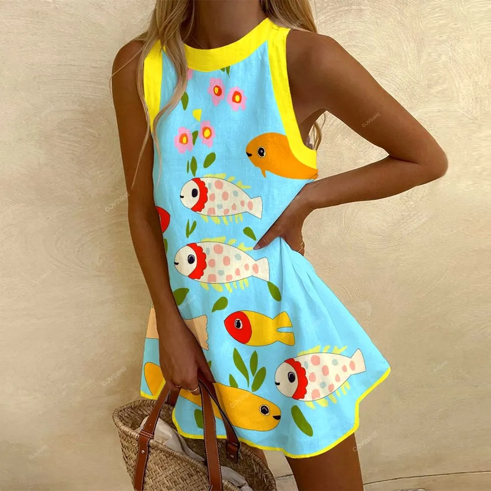 Women's Vintage Abstract Cute Fish and Flowers Art Print Dress