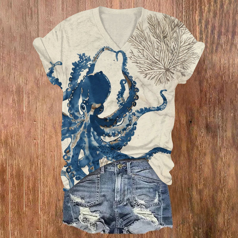 Watercolor Octopus And Seaweed Print V-neck T-shirt