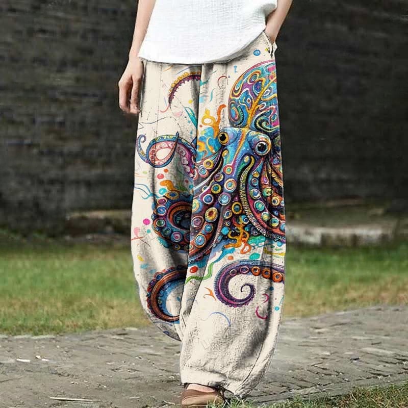 Vintage Rainbow Octopus Art Print Casual Pants