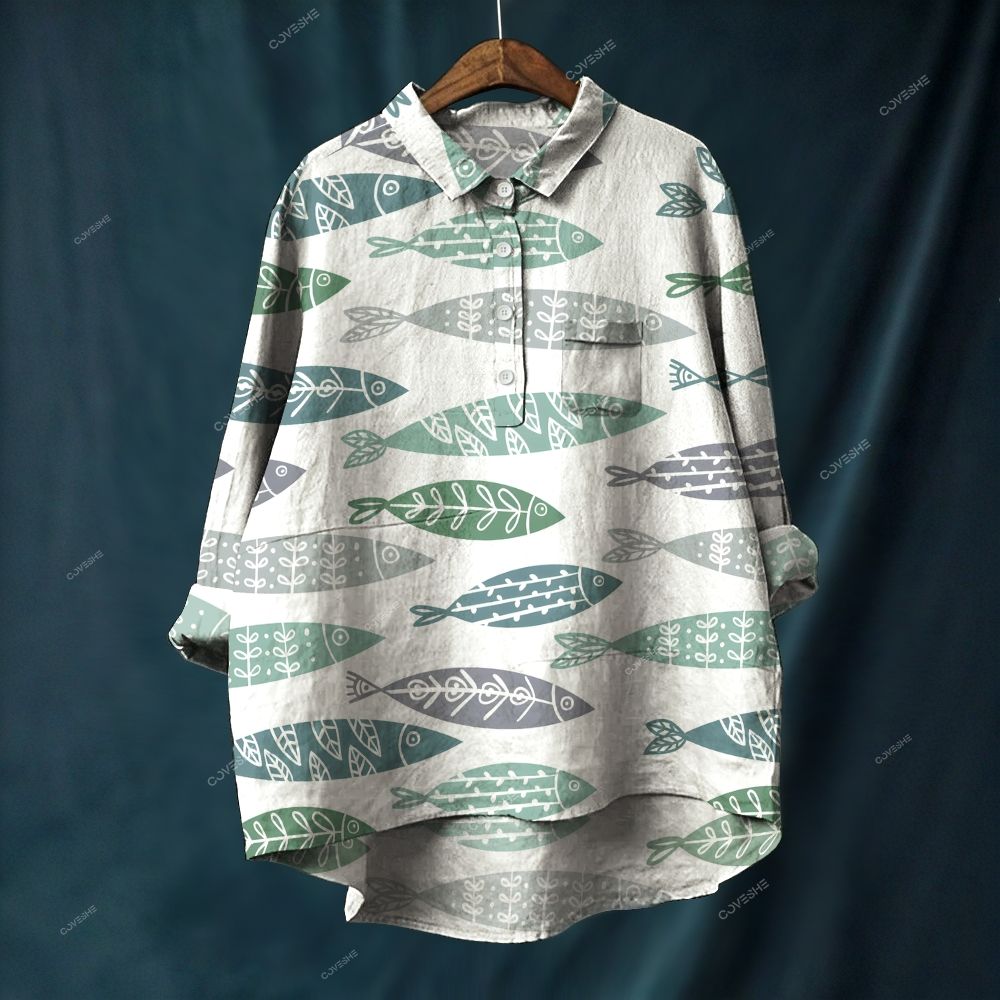 Women's Retro Cartoon Fish Printed Casual Long Sleeve Shirt