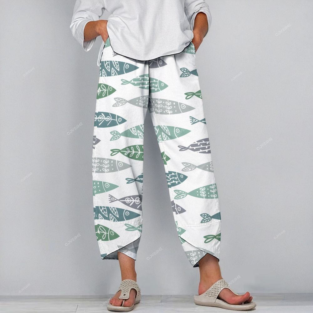 Women's Casual Retro Cartoon Fish Printed Pants