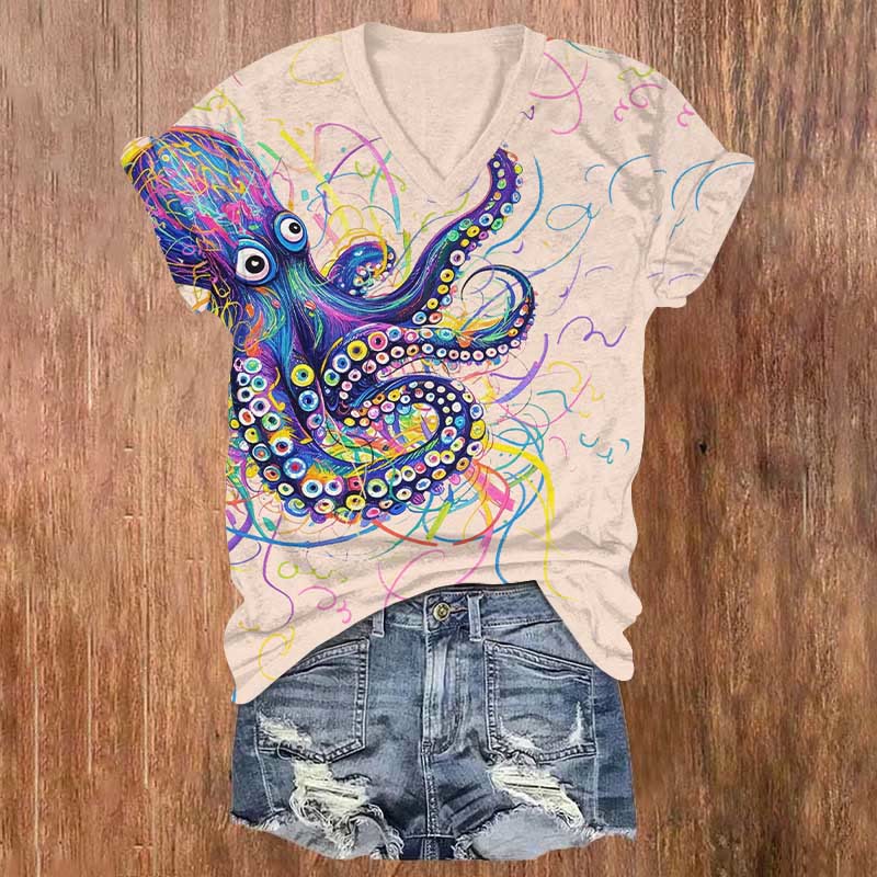 Funny Colorful Octopus & Ribbon Art Print V-neck T-shirt