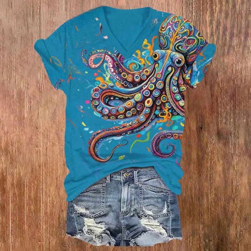 (🔥Limited offer)Vintage Rainbow Octopus Art Print V-neck T-shirt