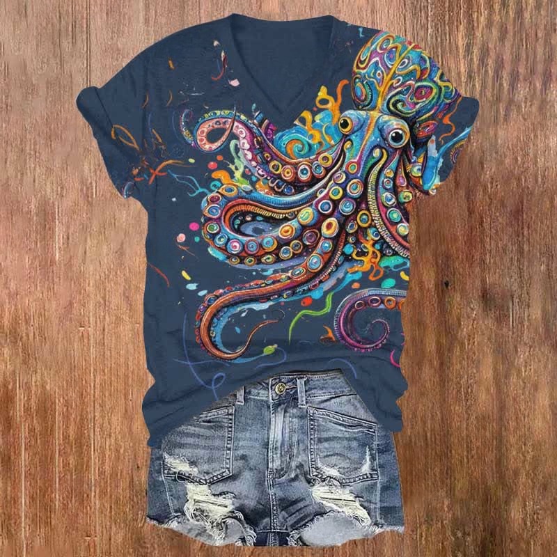 (🔥Limited offer)Vintage Rainbow Octopus Art Print V-neck T-shirt