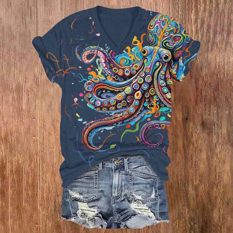 Vintage Rainbow Octopus Art Print V-neck T-shirt