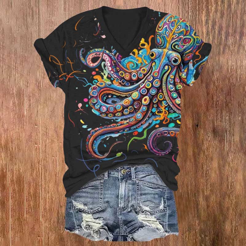 Vintage Rainbow Octopus Art Print V-neck T-shirt