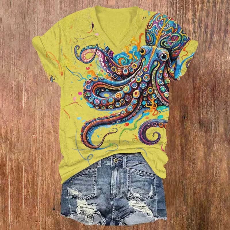 (🔥Limited offer)Vintage Rainbow Octopus Art Print V-neck T-shirt