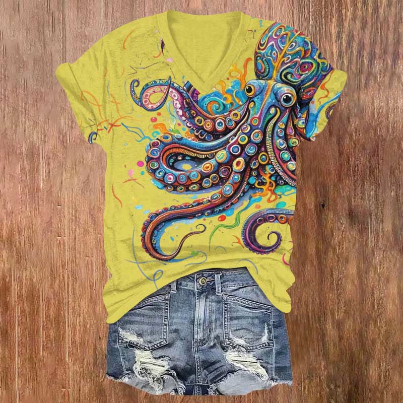 Vintage Rainbow Octopus Art Print V-neck T-shirt