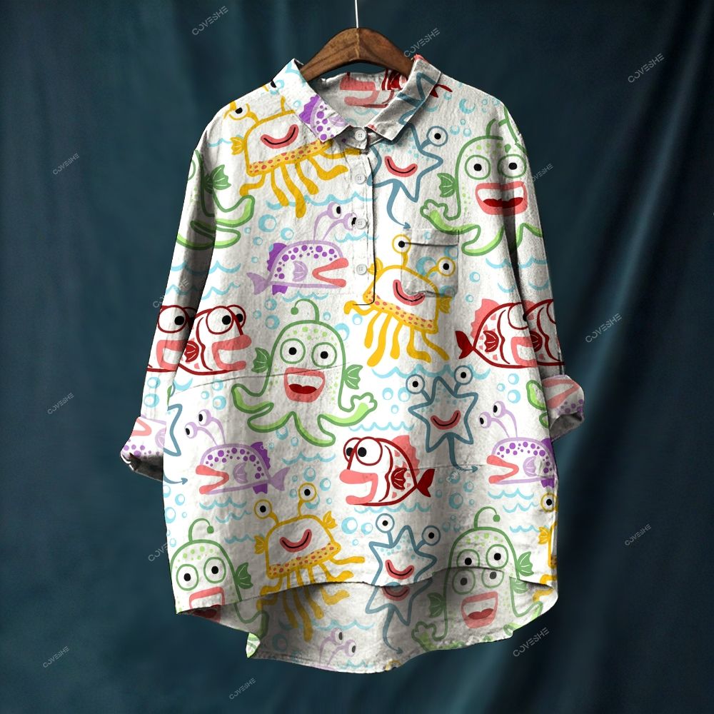 Women's Artistic Cartoon Jellyfish Fish Printed Casual Long Sleeve Shirt