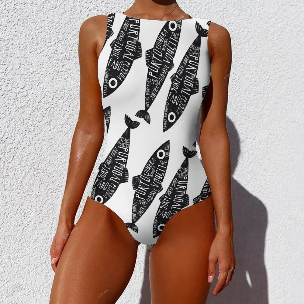 Women's Black Fish Sleeveless Printed Dress