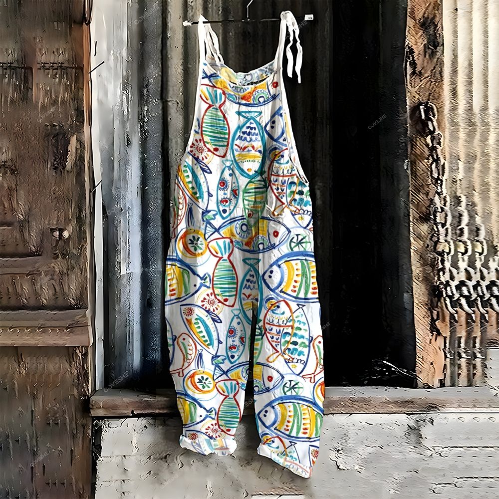 Women's Casual Artistic Colorful Geometric Fish Printed Jumpsuit